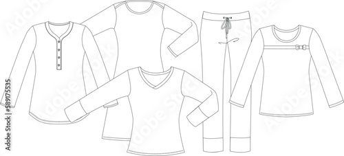 Pajamas technical sketch. Women outline nightwear design template isolated on white background.