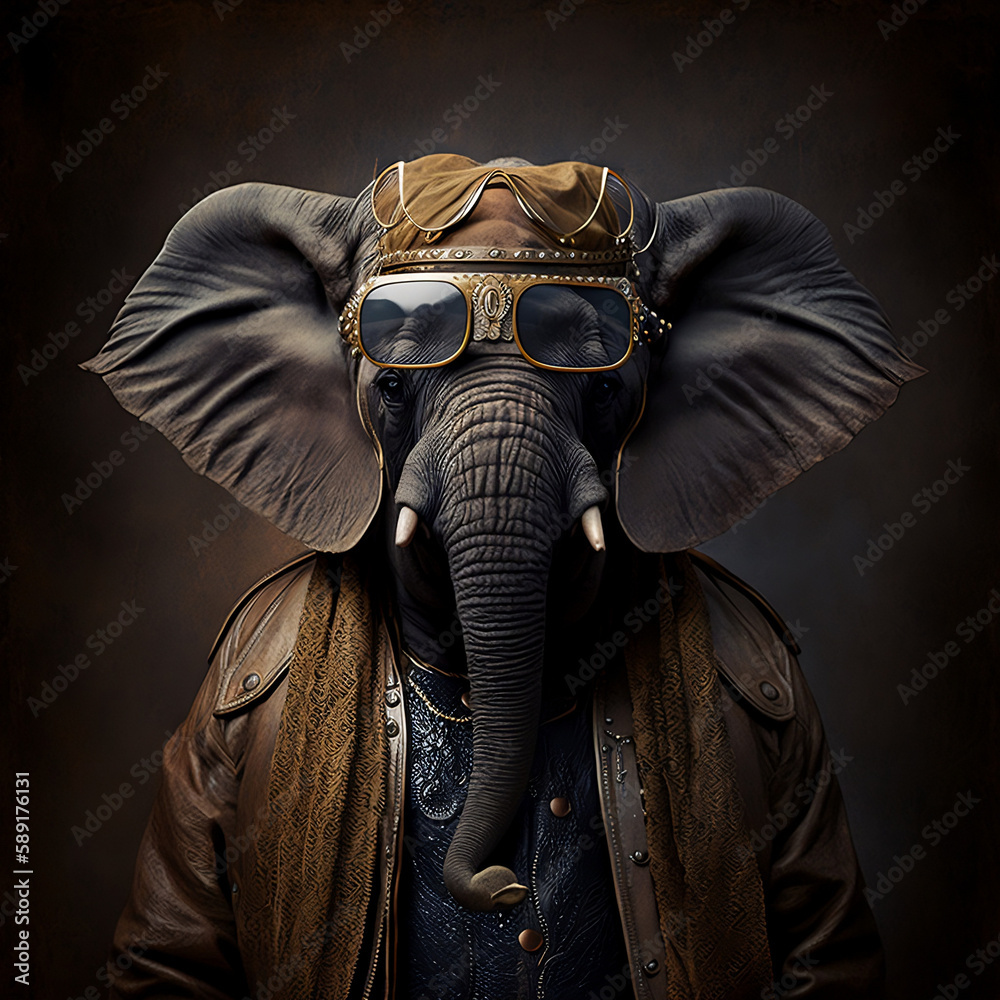 An elephant wearing a leather coat, crown, and sunglasses, Generative Ai