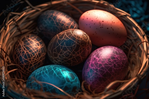 Close Up Of Easter Eggs In Basket, Generative AI