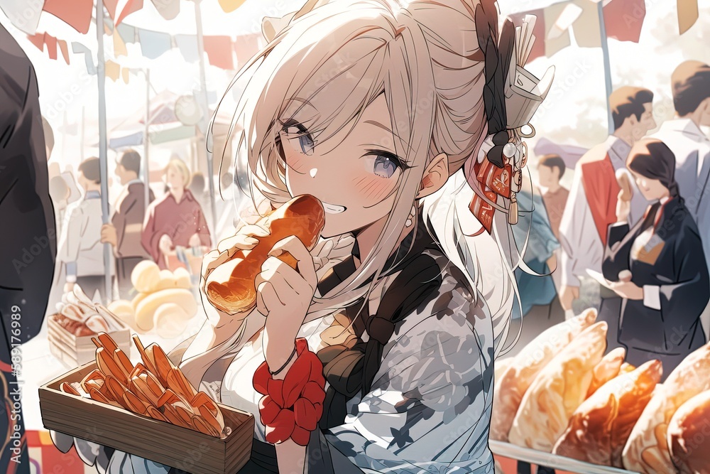 Fototapeta premium Cute blond anime girl in a traditional japan clothes eating street food at festival. Generated ai.
