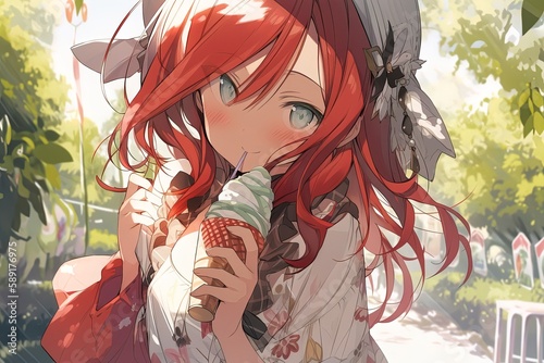 Cute redhead anime girl eating an ice cream in a park. Generated ai.