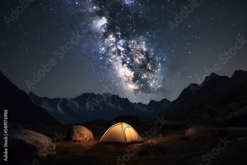 Camp with tent glowing from the inside at night in the mountains under the stars of the milky way. generated ai.