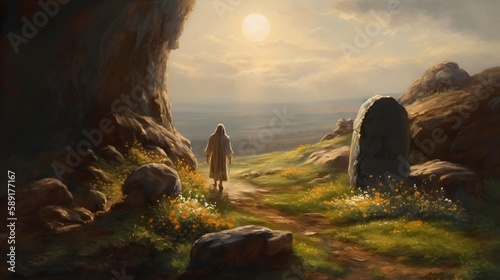 Jesus resurrection scene from the bible, oil painting, cave, Generative AI