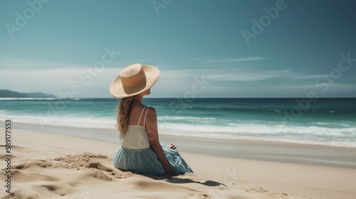 A Beautiful Woman in a Sunhat and white dress, Escape to Serenity: A Beautiful Woman's Tropical Getaway on the Sun-Kissed Beach, generative ai © Anna Elizabeth