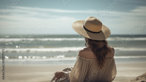 A Beautiful Woman in a Sunhat and white dress, Seaside Serenity: A Beautiful Woman's Escape to the Tranquil Tropical Coast Calm Sea, generative ai