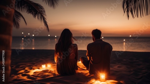 A young couple at beach candles lantern, sunset golden hour reflection on ocean, palm trees leaf, afternoon night light, romantic date, generative ai 
