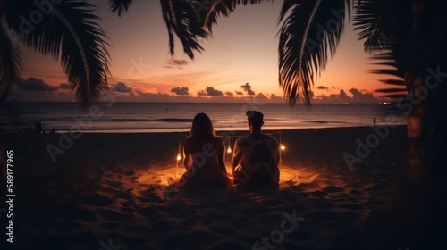 Embracing the Warmth of Youthful Love  A Romantic Sunset Getaway for Two on a Serene Beach with Lantern Lights  Waves  and Scenic Ocean Views  generative ai