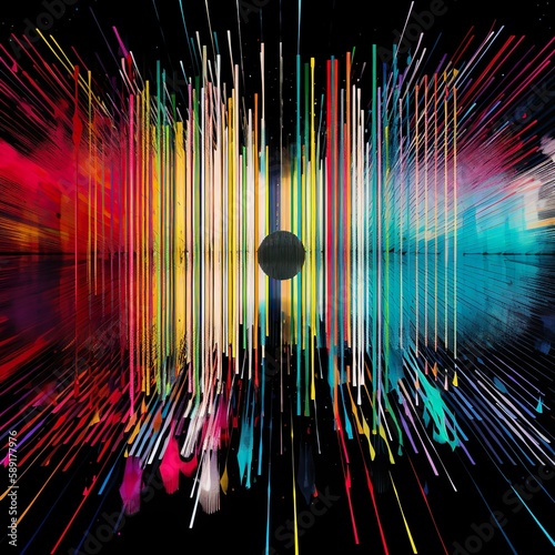 Unheard Melodies, abstract representations of sound waves emanating from a central point. The waves are interrupted by black bars, symbolizing censorship and the suppression of free expression.