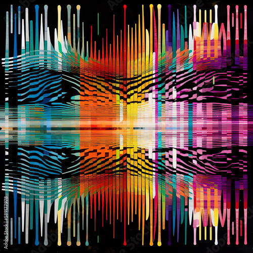 Unheard Melodies, abstract representations of sound waves emanating from a central point. The waves are interrupted by black bars, symbolizing censorship and the suppression of free expression.