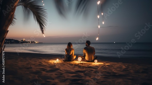 Embracing the Warmth of Youthful Love: A Romantic Sunset Getaway for Two on a Serene Beach with Lantern Lights, Waves, and Scenic Ocean Views, generative ai