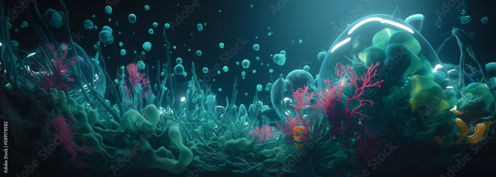 a close up of a group of jellyfishs and jellyfishs in the ocean. an underwater view of a coral reef with bubbles. Generative Ai a close up of a group of jellyfishs and jellyfishs in the ocean. an underwater view of a coral reef with bubbles. Generative Ai