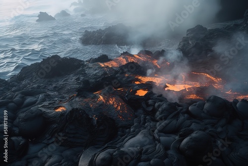 High Angle View Of Lava On Rocky Shore With Smoke, Generative AI