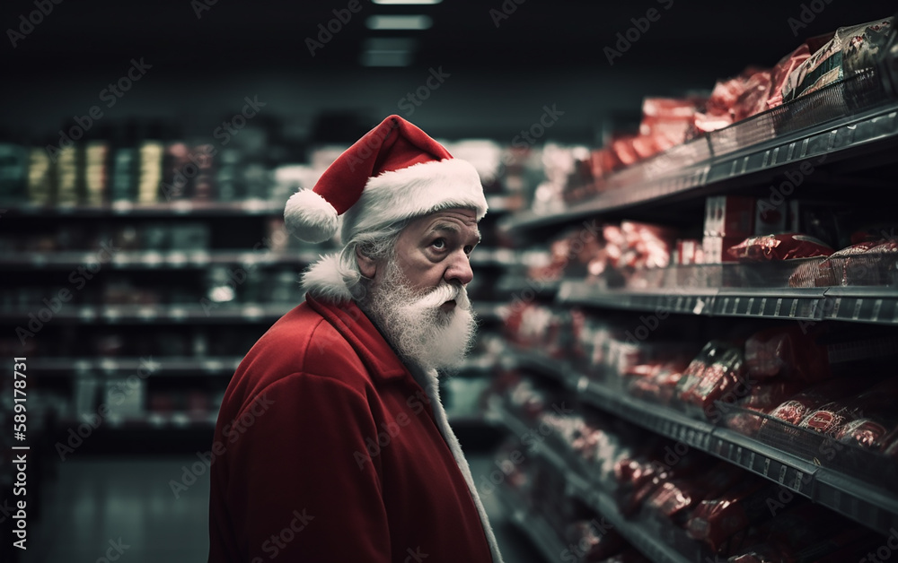 A contemplative Santa surveys a supermarket aisle, blending traditional imagery with modern-day scenarios.