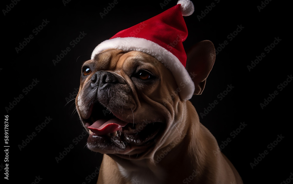 A cheerful French Bulldog dons a Santa hat, embodying the playful spirit of the festive season.