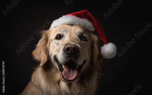A joyful Golden Retriever, adorned with a Christmas hat, radiates happiness and holiday warmth.