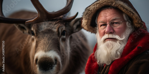 A rustic Santa stands alongside a majestic reindeer, representing a timeless bond and winter tales.