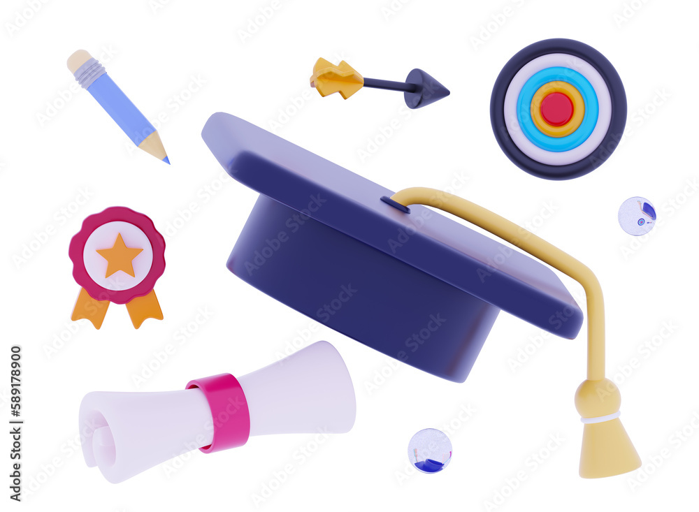 3d Graduation cap and diploma icon Education and welcome back to school concept Achievement focus Cartoon minimal style 3D rendering illustration 3d Graduation cap and diploma icon Education and welcome back to school concept Achievement focus Cartoon minimal style 3D rendering illustration