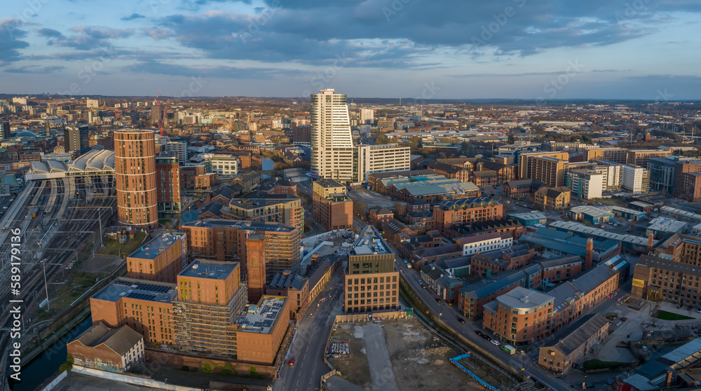 Leeds City Centre and Bridgewater Place. Yorkshire Northern England United Kingdom.	Aerial view of Leeds Skyline. 
