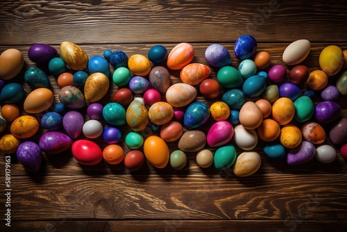 Colorful easter eggs on wooden background - Generative Ai, Generative AI