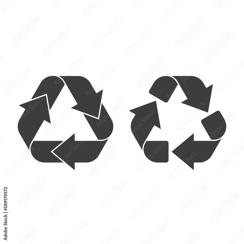 Recycle icon set. Recycling pictogram isolated on white background. Black recycle signs. Flat style. Circle arrow symbol. Vector illustration EPS 10. Recycle icon set. Recycling pictogram isolated on white background. Black recycle signs. Flat style. Circle arrow symbol. Vector illustration EPS 10.
