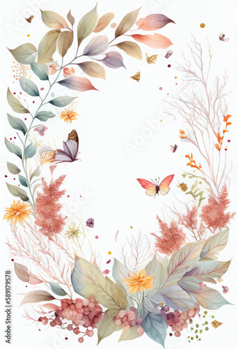Vertical Floral Frame  Watercolor Flowers  Illustration  Generative AI