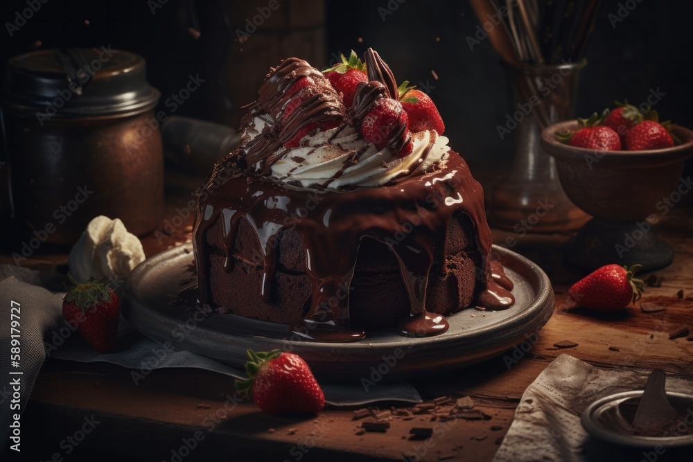 Photo of a decadent chocolate cake with rich chocolate frosting and fresh strawberries created with Generative AI technology