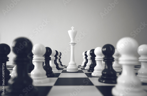 King chess piece standing among pawns on chessboard. Leadership concept. 3d rendering