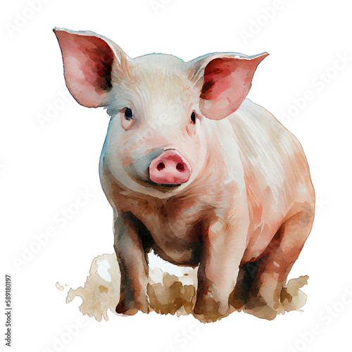 Pig illustration watercolor with transparent background. Generative AI