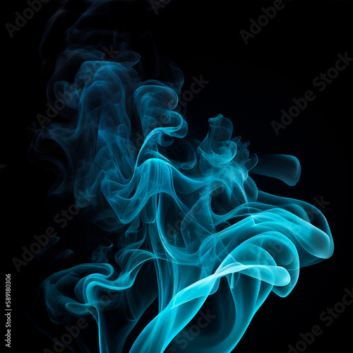 swirling abstract blue smoke effect isolated on black background with elegant shapes and magical appearance. Digital drawing with colored white cloudiness, steam, mist, fog or smog