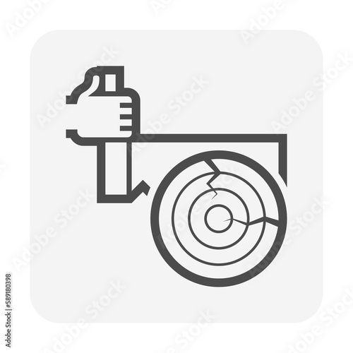 Log cross cutting work vector icon. Include 2 man crosscut saw tool, hand carpenter. To sawn timber, wood or logwood for firewood, lumber, board or construction material for build cabin, house.