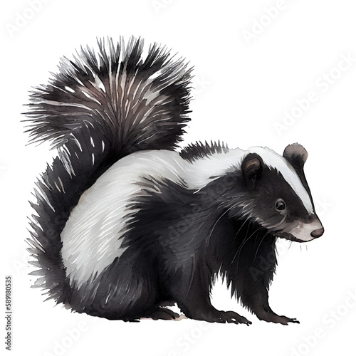 Skunk illustration watercolor with transparent background. Generative AI