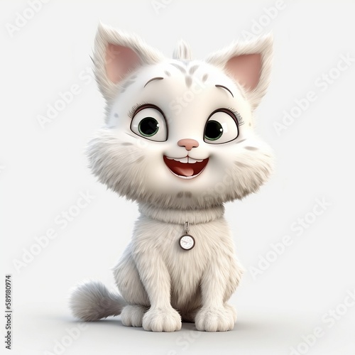 little cat smiling, white background, cute, 3D, cartoon, Generative AI