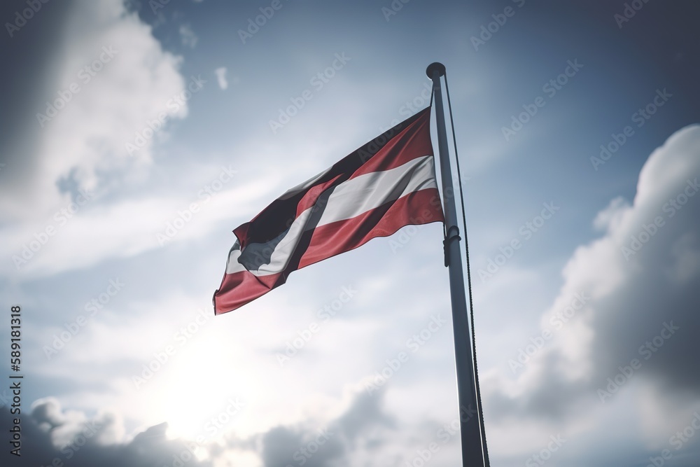 Low Angle View Of Flag Waving On Mountain Against Blue Sky, Generative AI Low Angle View Of Flag Waving On Mountain Against Blue Sky, Generative AI