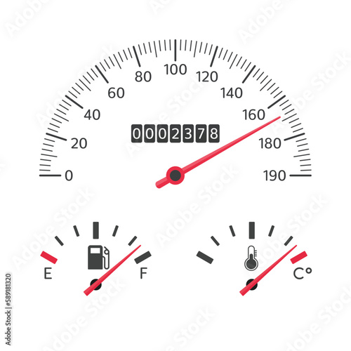 Car speedometer, fuel and temperature gauge icon. isolated on white background. Simple black gauge in flat style. Automobile tachometer or odometer with speed panel.