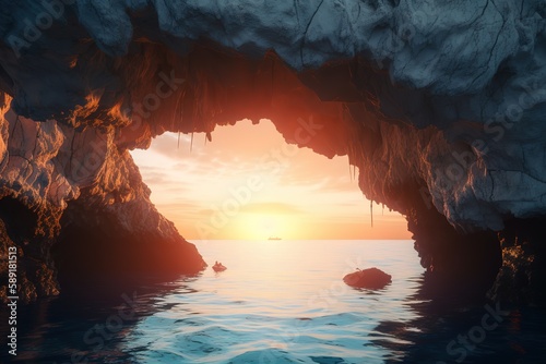 Scenic view of sea and cave during sunset, Generative AI