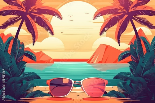 Sunglasses on sandy beach sea at sunset, summer vacation abstract background. Generative AI