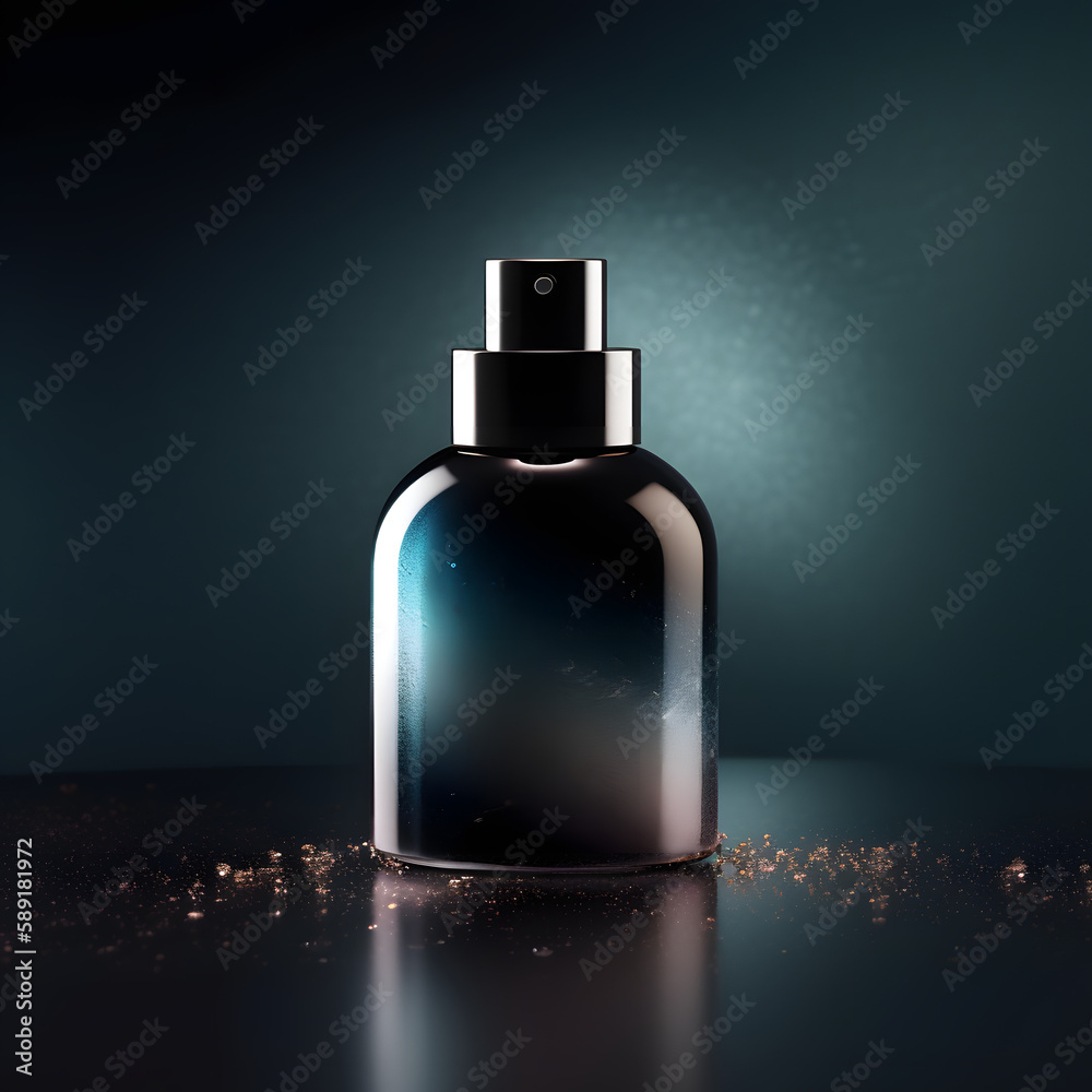 A modern and edgy background featuring a dark cosmetic bottle made with generative AI A modern and edgy background featuring a dark cosmetic bottle made with generative AI