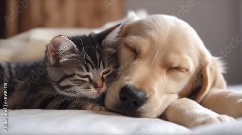 puppy sleeping next to a kitten, Generative AI