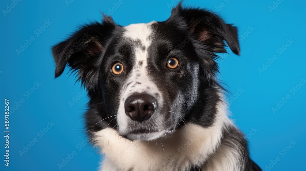 Portrait of a cute dog on blue, Generative AI