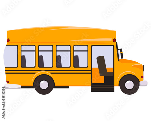 A yellow school bus with the door open on white background isolated object