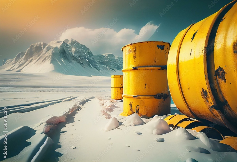 Yellow barrels for radiation stands in frozen snow. Concept disposal of radioactive waste in