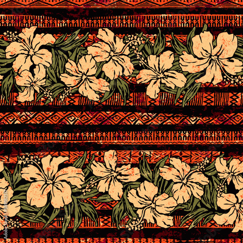 Hawaiian hibiscus flowers ethnic motif stripes vintage seamless pattern artwork for summer wear fabric tablecloth carpet