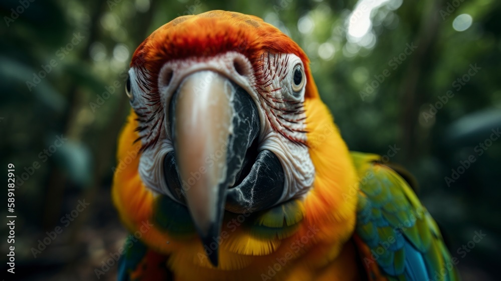 Obraz premium portrait head shot of a parrot with a tropical forest at background, bird selfie, misty hills smokes, golden hours, generative ai