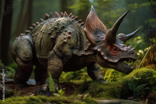 Triceratops in green jungle forest, herbivore dinosaur rendering. Generative AI © masharinkaphotos
