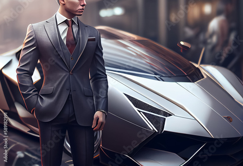 illustration of business man in elegant suit stand next to lux sport car. AI © terra.incognita