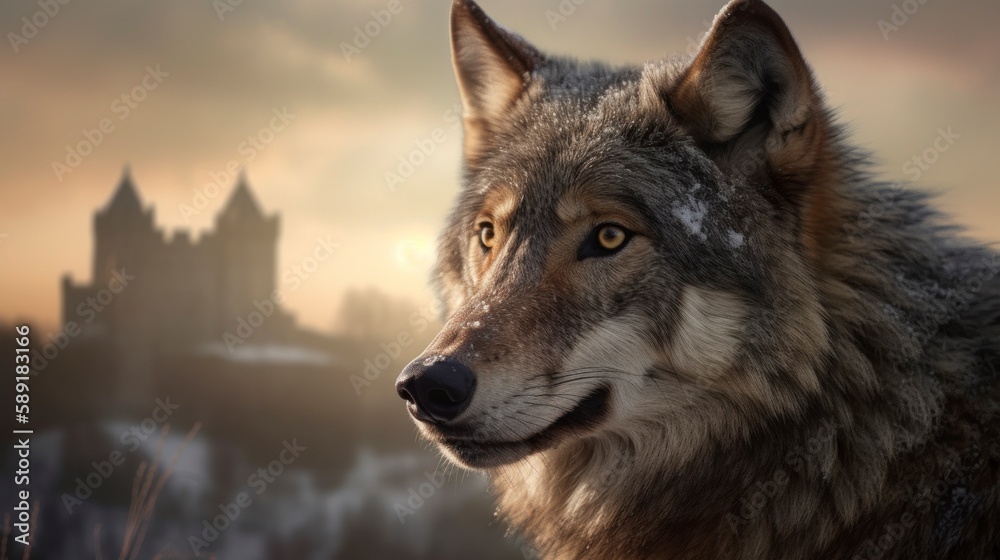 Golden Hours with a Fierce Grey Wolf: Majestic Head Shot against Old Castle and Misty Hills, in a Scenic Wilderness Portrait - Canis Lupus, Alpha Predator of Historic Ruins Medieval generative ai