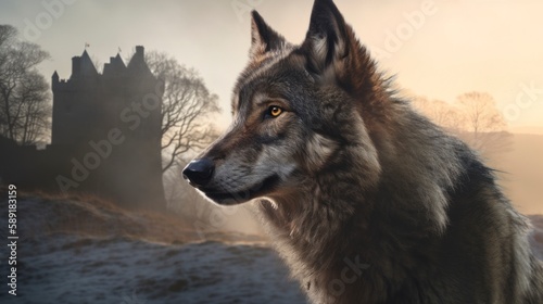 Golden Hours with a Fierce Grey Wolf  Majestic Head Shot against Old Castle and Misty Hills  in a Scenic Wilderness Portrait - Canis Lupus  Alpha Predator of Historic Ruins Medieval generative ai