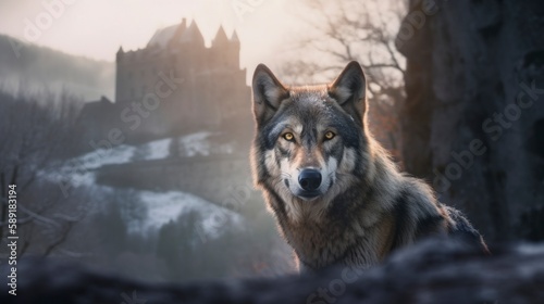 Golden Hours with a Fierce Grey Wolf  Majestic Head Shot against Old Castle and Misty Hills  in a Scenic Wilderness Portrait - Canis Lupus  Alpha Predator of Historic Ruins Medieval generative ai