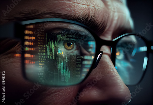 illustration of man glasses close up looking at chart graph on the screen in data centre. AI