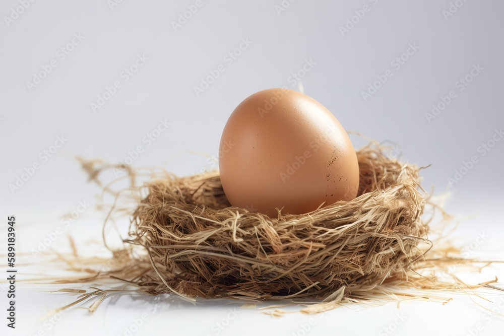Studio shot of single chicken egg lying on hay against white background, Generative AI Studio shot of single chicken egg lying on hay against white background, Generative AI
